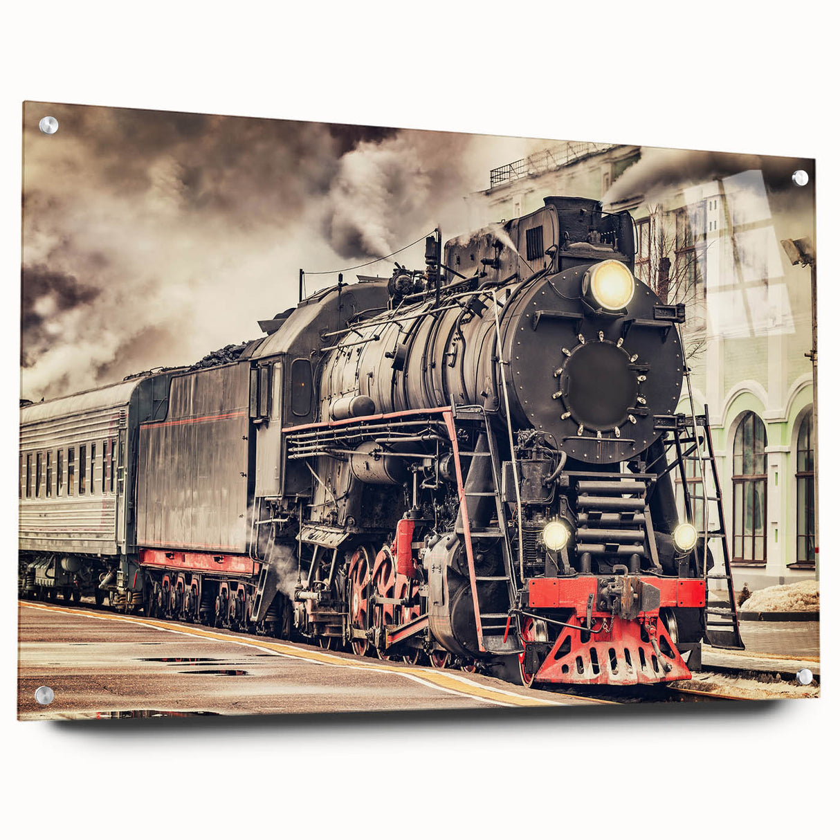 Acrylic print of a large abstract depiction of a train, using vibrant blue and orange hues.