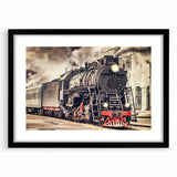Abstract art print of a colorful train on textured canvas, framed in black, ideal for extra large living room wall art.