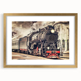 Extra large abstract art print of a train in textured gold and black, framed with a mat, suitable for living room decor.