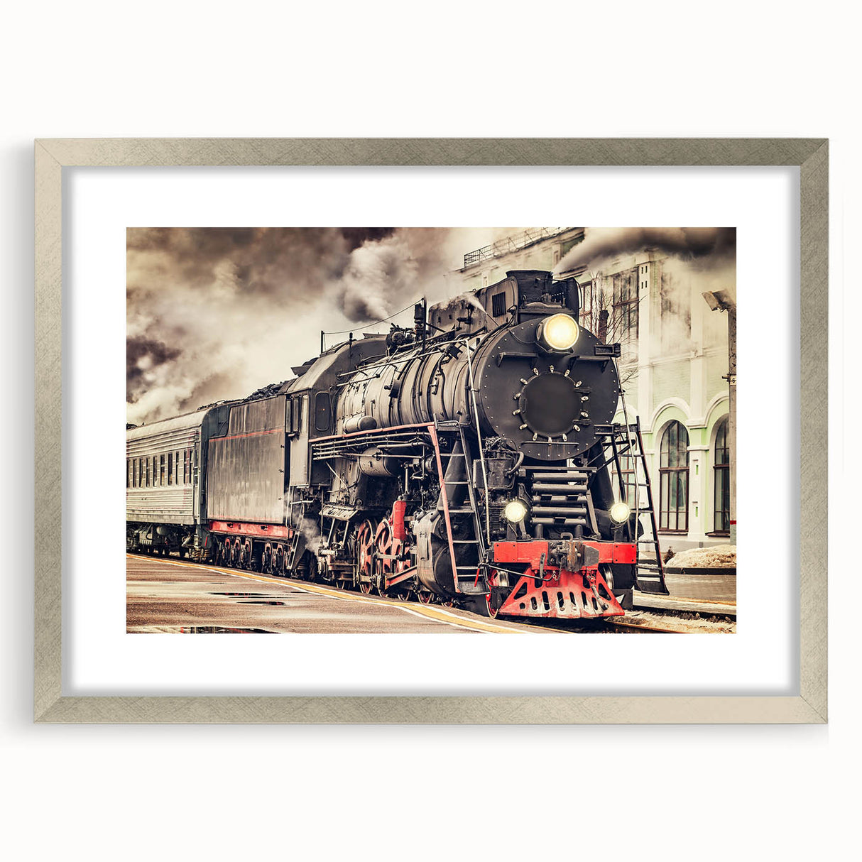 Textured abstract art print of a train in muted earth tones on a framed silver mat, suitable for bedroom decor.