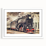 Abstract art print of a stylized train in muted gray and blue tones, framed with a white mat.