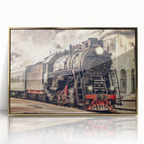 Mid-century modernist train illustration in vibrant colors on a gold-framed acrylic, ideal for nursery wall art.