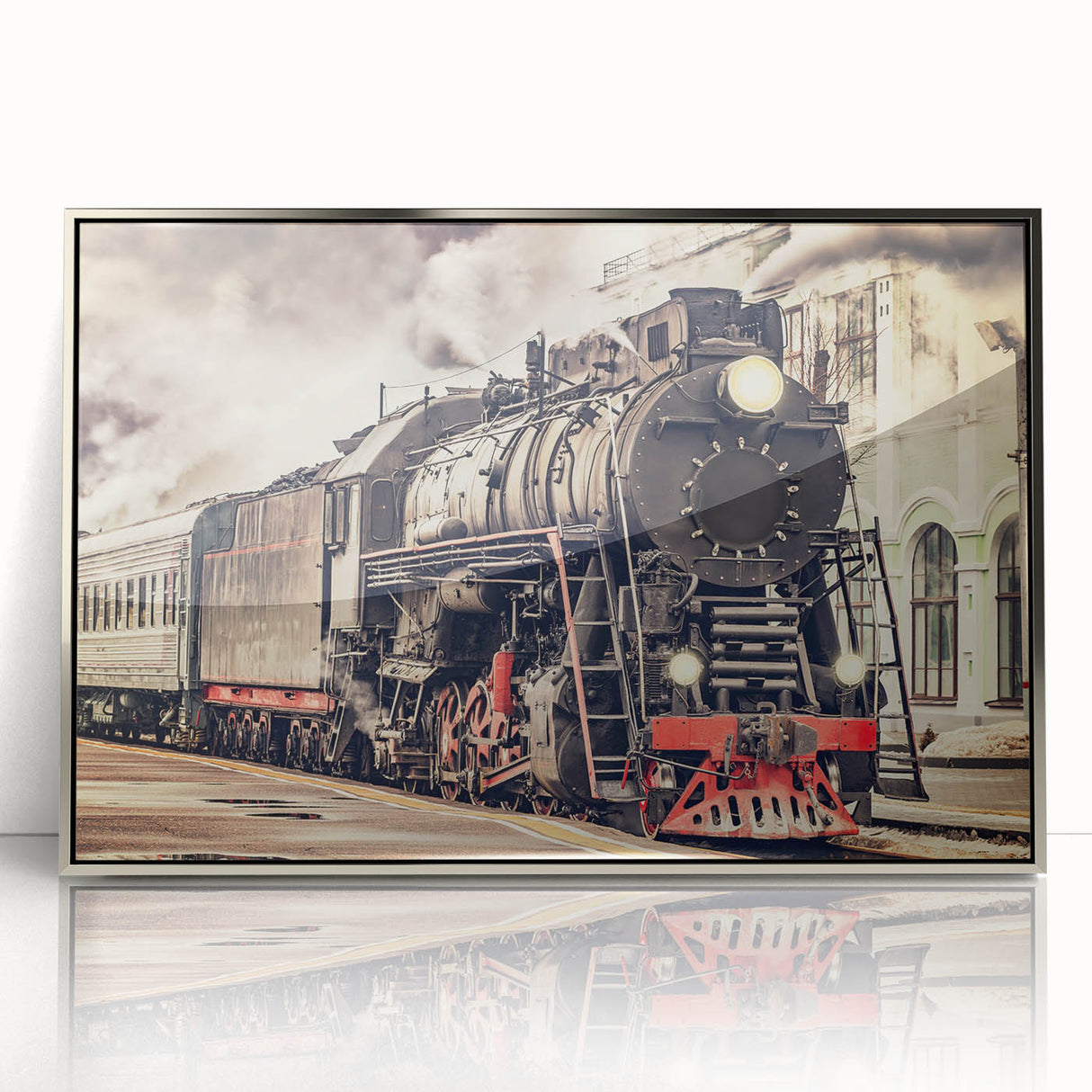Mid-century modernist train illustration in silver frame, acrylic print, suited for nursery wall art.