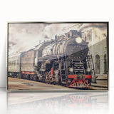 Mid-century modernist train illustration in silver frame, acrylic print, suited for nursery wall art.