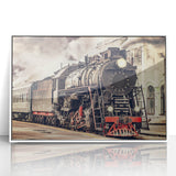 Art Deco-style train poster in a white acrylic frame, featuring vibrant red and blue tones, ideal for nursery wall art.