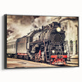 Black and white vintage poster art of a train on framed canvas, ideal for bedroom wall decor.