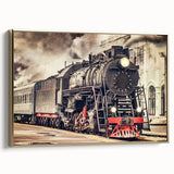 Framed canvas vintage poster of a black steam train on a landscape, ideal for bedroom wall decor.