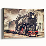 Framed canvas of a vintage train in black with colorful landscape background, ideal for office decor.