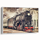 Framed canvas of a vintage poster featuring a colorful train, ideal for extra large living room wall art.
