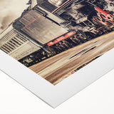 Art deco train poster in bold black and red on rolled canvas, suitable for dining room wall art.