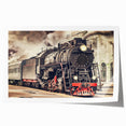 Vintage train illustration in muted gray tones on a rolled canvas, ideal for art wall dining room placement.