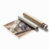 Extra large rolled print featuring a vintage train illustration in muted earth tones, ideal for classy bathroom wall art.