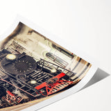 Extra large wall art depicting a train in bold black and white line art, printed on rolled canvas.