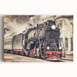Black and white photo of a vintage train on stretched canvas, suitable as large kitchen wall art.