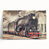Black and white photo of a vintage train on stretched canvas, ideal for kitchen wall art or bedroom decor.