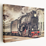 Side view of a stretched canvas depicting a vintage train in muted earth tones, suitable for kitchen wall art.