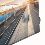 Large abstract wall art print of a train, in muted gray and blue, acrylic glass, ideal for dining room art.