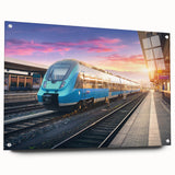 Acrylic print of a vivid abstract train design in blue and orange tones, suitable for bedroom or dining room decor.