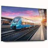 Side view of a large abstract train print on acrylic, featuring neutral and blue tones, ideal for bedroom or dining room art.