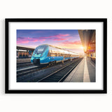 Extra large abstract art print of a colorful, textured train, framed in black, ideal for living room decor.