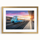 Extra large abstract art print of a train, in gold frame, featuring textured elements and muted earth tones.