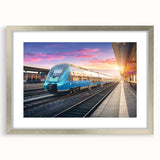 Textured art print of an abstract train in muted gray and silver tones on a framed canvas, ideal for bedroom art.