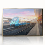 Mid-century modernist train illustration in muted earth tones on a framed acrylic, suitable for nursery wall decor.