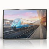 Mid-century modernist train poster in muted blues and grays, acrylic print in silver frame, suitable for nursery wall art.