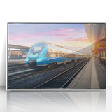 Art deco train poster in monochrome tones, framed acrylic, ideal for nursery wall decor.