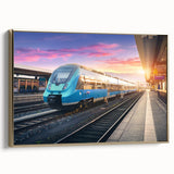 Framed canvas featuring a vintage-style black train on a muted landscape background, ideal for bedroom wall art.