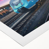 Art deco poster of a vintage train in muted earth tones on rolled canvas, suitable for dining room decor.