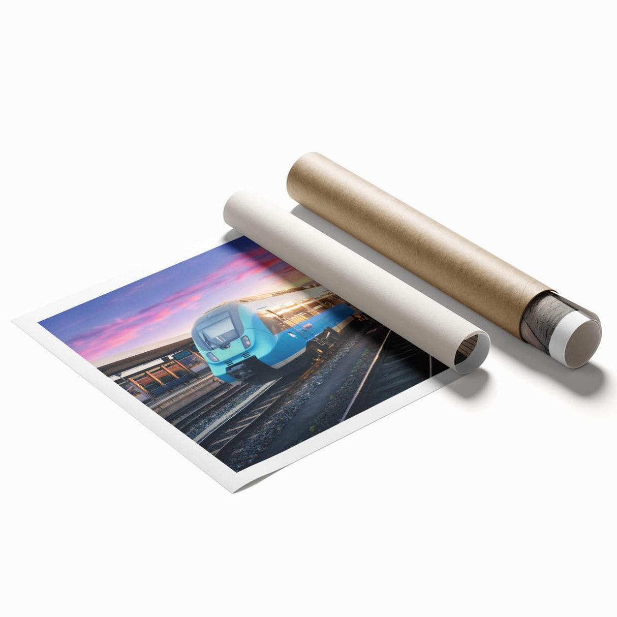 Extra large rolled print featuring a classic train in muted gray tones, ideal for classy bathroom wall art.
