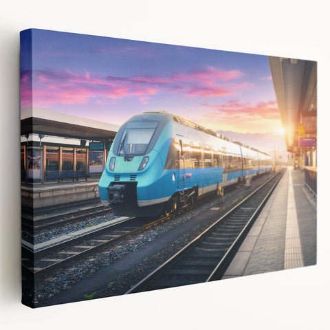 Large art print of a vintage train on stretched canvas, featuring muted earth tones, ideal for kitchen wall decor.