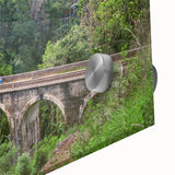 Mid-century modernist train print in muted colors on acrylic glass, ideal for dining room art.