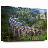 Acrylic print of a large abstract depiction of a train in muted gray and blue tones, ideal for bedroom or dining room art.