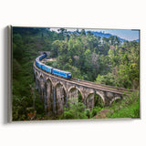 Framed canvas of a vintage train in black with colorful landscape background, ideal for office decor.