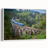 Vintage poster art of a colorful train on black background, framed canvas, ideal for living room decor.