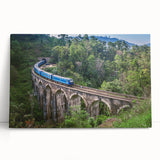 Black and white photograph of a train on stretched canvas, suited as large art for kitchen or bedroom.