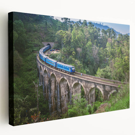 Vintage train illustration on large stretched canvas with muted earth tones, ideal for kitchen wall decor.