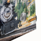 Mid-century modernist train art on acrylic glass in bold primary colors, suited for dining room art.