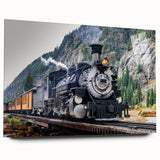 Side view of a train depicted in vibrant colors on an acrylic glass, ideal for bedroom or dining room art.