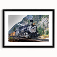 Abstract art print of a colorful train in textured style, framed in black, ideal for extra large living room wall art.