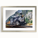 Textured art print of an abstract train in muted grey and silver tones on a framed poster, suitable for bedroom decor.