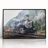 Large abstract wall art featuring a stylized train in black and gray tones on a framed acrylic.