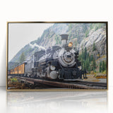 Mid-century modernist train illustration in muted earth tones on a gold-framed acrylic, ideal for nursery wall art.