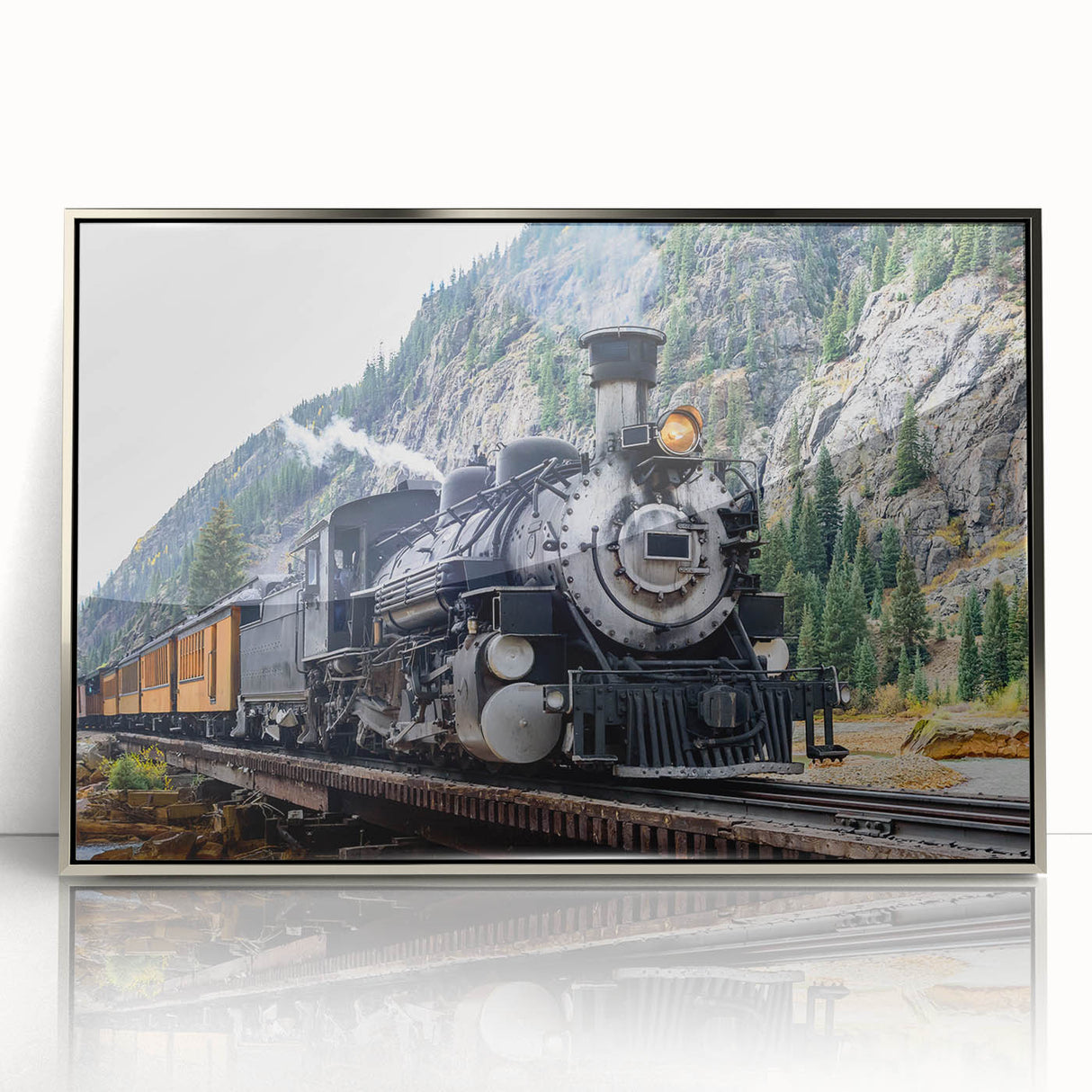 Mid-century modernist train illustration in muted gray and silver hues on a framed acrylic, ideal for nursery wall art.