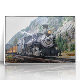 Art deco train poster in pastel colors on white acrylic frame, suitable for nursery wall art.