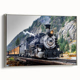 Framed canvas depicting a vintage train in black with colorful background, ideal for office wall decor.