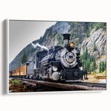 Framed canvas vintage poster art of a colorful train, ideal for extra large living room wall decor.