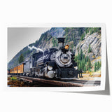 Large rolled canvas print featuring a detailed illustration of a vintage train in muted earth tones.
